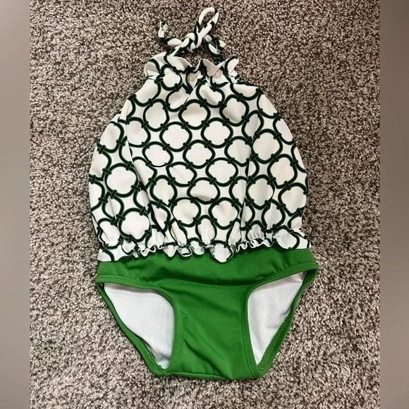Janie and Jack Green and Navy Art Deco Print Halter Swimsuit Size 6-12 mo - Picture 1 of 5